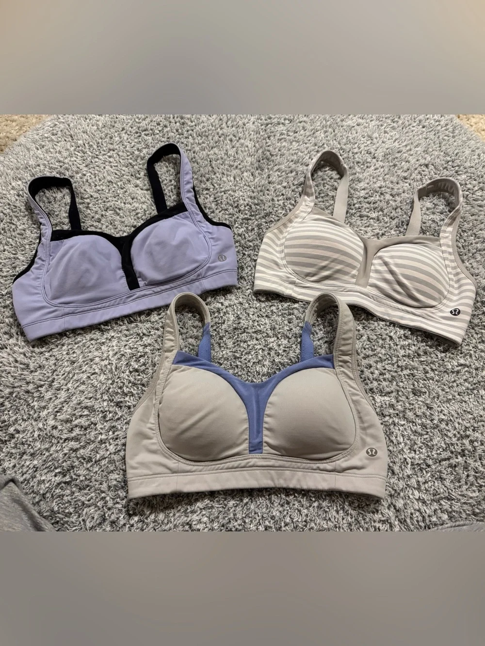 Lululemon 32D Sports Bra Bundle 3 Pc Neutral Colors of Purple Gray White Striped